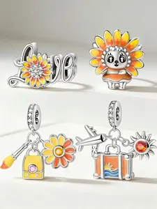 Sunflower Plated Sterling Silver Charm Set, Aesthetic DIY Bracelet Accessory, Fits Pandora Jewelry, Perfect Gift for Women