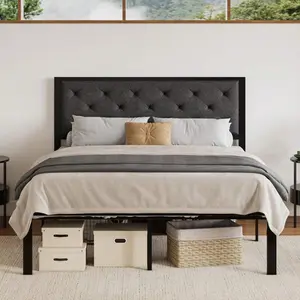 4 Size Metal Platform Bed Frame,Fabric Upholstered Button Tufted Headboard, Mattress Foundation With 17 Strong Slats Support, No Box Spring Needed, Easy Assembly, Hybrid Pocket Coil Twin Gingham Daybed Trundle