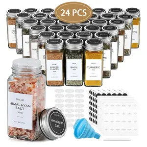 24 Pcs Glass Spice Jars/Bottles - 4oz Empty Square Spice Containers with 8 Spice Labels - Shaker Lids and Airtight Metal Caps Kosbon