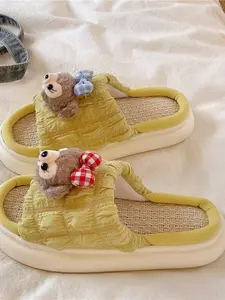 Duffy Bear Linen Thick Sole Sandals, Breathable Anti-Slip Summer Slippers, Casual Velvet Fabric, Rubber Sole, Low Ankle Height