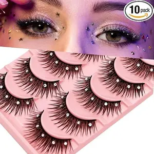 5 Pairs Bling Glitter Lashes 3D Natural Cosplay Eyelash with Rhinestones, 13mm Dramatic Manga Lashes with Diamonds, Stage Makeup Lashes for Decorative Christmas Halloween New Year Party