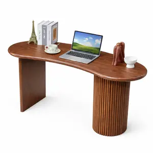 Giratree 54.3" Curved Small Computer Desk, Wooden Executive Desk with Sturdy Fluted Legs, Modern Luxury Corner Single Writing Vanity Desk for Bedroom Living Room Home Office