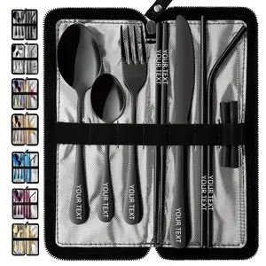 Personalized portable camping cutlery set with a fixed cutlery bag, reusable stainless steel cutlery set for travel, suitable for lunch and picnic silverware at outdoor gatherings, compact and portable.