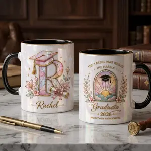 Custom Graduate Mug 2026 2D Printed 3D Effect Coffee Mug Personalized Name Initial Design for College Senior Graduate Student Gift for Women Men Graduation Ceremony Party Keepsake Appreciation Gift Idea