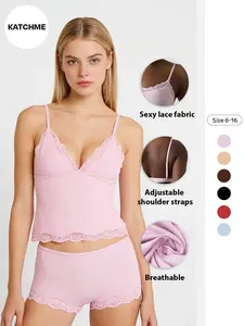 Sexy Lace Deep V Wireless Bra Set, Fashionable Casual Spaghetti Strap Top, Comfortable Undergarment, Stylish Women's Lingerie Underwear Sets