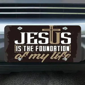 Jesus is The Foundation of My Life Front License Plate Christian Quote Bible Lettering On Black Decorative Car Metal Plates Vanity Tag Aluminum Novelty License Plate 6 X 12 Inch