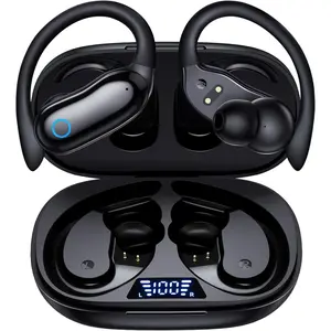 Active noise cancelling wireless earbuds, 96 hour ultra long battery life Bluetooth earphones, dual battery display, stereo bass, with ear hook and microphone, IPX7 waterproof, suitable for sports/fitness