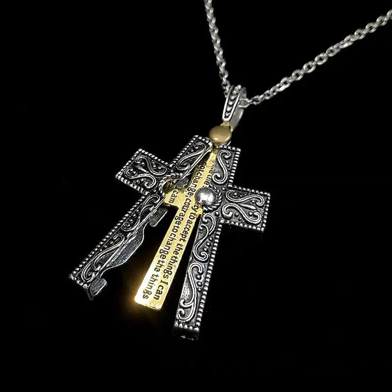 Vintage Carved Two-Tone Cross Necklace Pull-Out Engraved Inner Plate Pendant Hip Hop Unisex Couple Street Jewelry