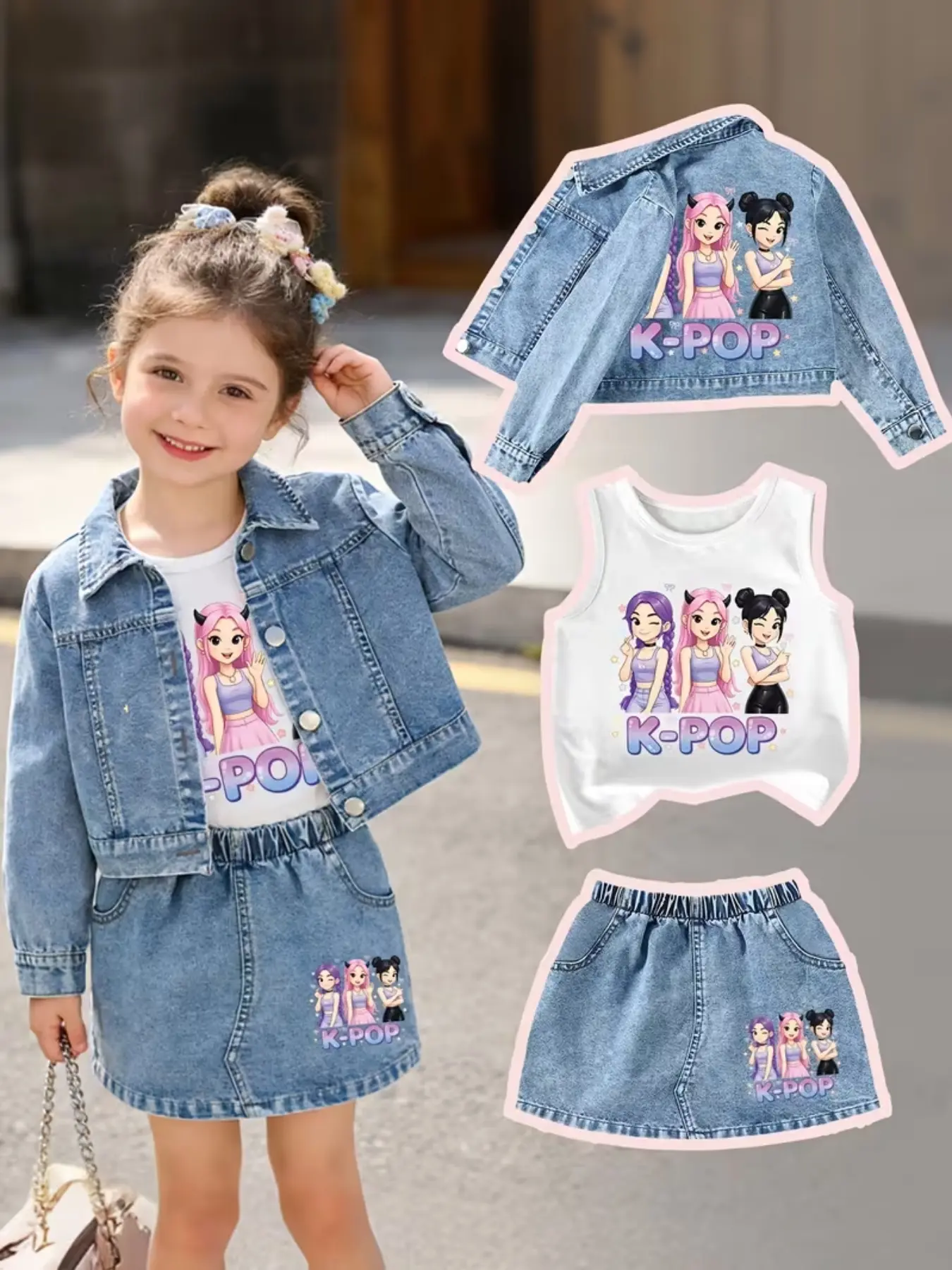 Three-Piece Denim Set for Young Girls Inspired by Korean Pop Band, Includes Jacket, Skirt, Sleeveless Top, Perfect Gift for Outdoor Activities, Summer Set