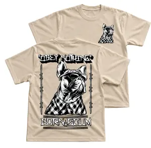 Obey Nothing Born Scum T-Shirt, Bold Dog Graphic Tee, French Bulldog Sunglasses Barbed Wire And Black White Back Print, Front Chest Dog Logo And Large Back Print Tee, Sand Alternative Statement Outfit Gift For Men And Women