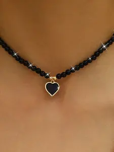 Women's Pearl Beaded Necklace, Fashion Simple Heart Pendant Collarbone Chain, Unique Design Jewelry Accessory, Dainty Necklace, Love Heart Necklace, Heart Shaped Necklace