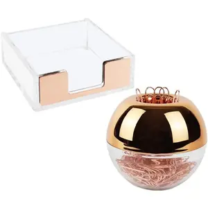 Rose Gold Magnetic Paper Clip Holder 3x3 Sticky Note Holder Set, Clear Acrylic Sticky Note Dispenser with 100 Paper Clips for Desktop Accessories Organization, Rose Gold