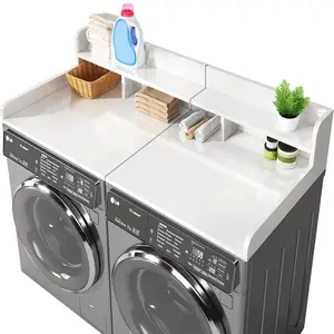(58" Width x 28" Depth) Washer Dryer Countertop with Non-slip Pads, Laundry Wood Shelf Topper with Edge, Double Layer Organizer for Washer and Dryer Laundry Hamper Counter Storage Organization (WHITE)
