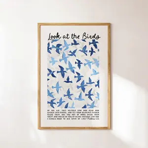 Matthew 6 Look At the Birds Poster No Frame, Modern Christian Art, Blue Christian Wall Art, Bible Verse Wall Art, Christian Prints, Trendy Apartment Decor