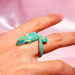Chameleon Blue Enamel Ring ,Cute Animal Jewelry for Nature Lovers ,Adjustable Chameleon Ring for Women , Unique Gift for Her