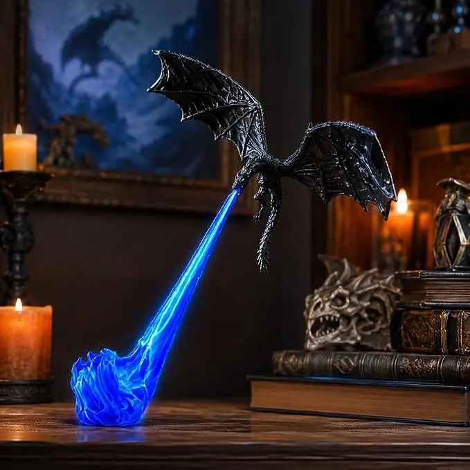 3D Printed Fire Breathing Dragon Sculpture, Book Nook Light Bookshelf Decor | Resin flying dragon ornament with anti-slip adhesive dots, available in 2 sizes , decorative book nook light for st