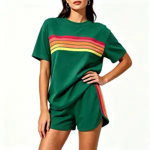 Women's Thick Printed 2-Piece Short-Sleeve Set, Chic Vintage Vibe Cotton Blend Activewear - Rainbow Gradient Stripe T-Shirt & Shorts, Comfortable Lady's Outfit for Pajamas, Beach Use - Top, Clothes tiktokshopspringglowup,summervibes