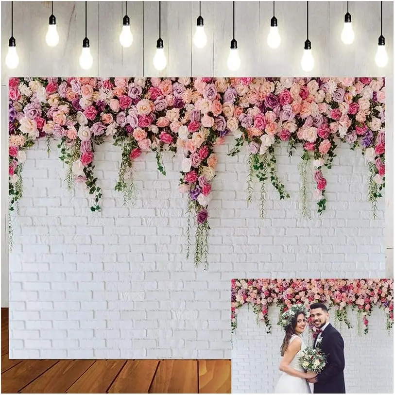 8x8ft White Brick Wall  Background Spring Theme Photography Backdrop for Mother's Day Valentine Wedding Bridal  Shower Birthday Party Decor Banner Portrait Photo Booth Prop 134.........