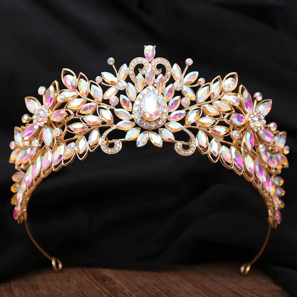 KMVEXO Baroque Flowers Crystal Drop AB Bridal Crowns Wedding Hair Dress Accessories Diadem Veil Tiaras Head Jewelry Party Prom