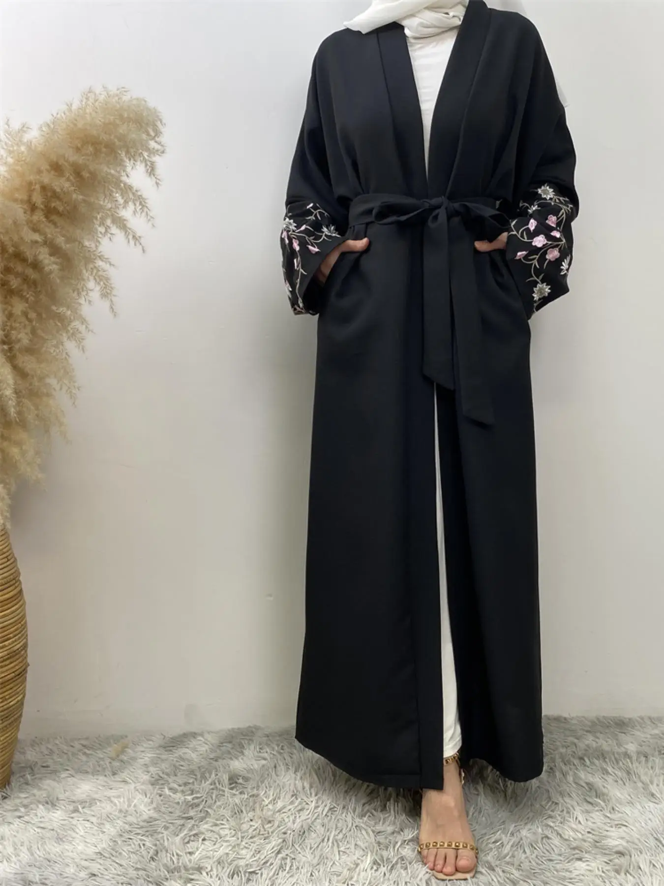 Women's Floral Embroidery Open Front Abaya, Modest Fashion Long Sleeve Abaya for Daily Outdoor Wear, Women's Islamic Clothing for Spring & Fall