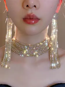 Luxury Rhinestone Decorated Necklace & Dangle Earrings, Fashion Jewelry for Party, Daily Clothing Decor, Trendy All-match & Exquisite Jewelry for Birthday Gift, Teardrop Jewelry Set