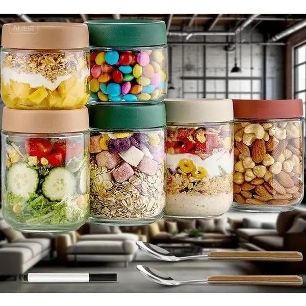 Kitchen Glass Food Storage Bottles & Jars with Lids - 8 Stackable Wide-Mouth 16oz-10oz BPA-Free Leak-Proof Reusable Meal Prep Containers for Overnight Oats, Salad