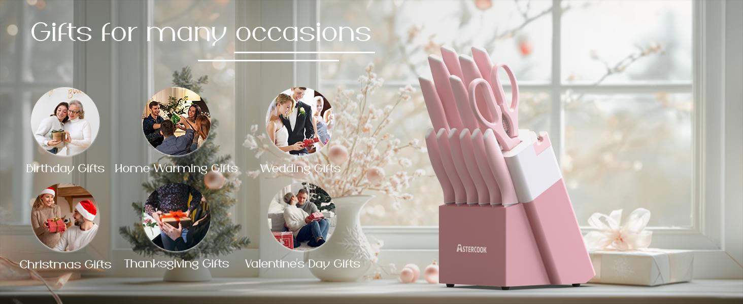 Astercook 14-Piece Professional Kitchen Knife Set – High Carbon Stainless Steel Chef, Bread, Santoku & Steak Knives with Hardwood Block, Ideal Valentine’s Day Gift Pink Wooden