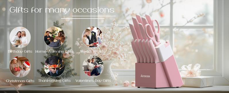 Astercook 14-Piece Professional Kitchen Knife Set – High Carbon Stainless Steel Chef, Bread, Santoku & Steak Knives with Hardwood Block, Ideal Valentine’s Day Gift Pink Wooden