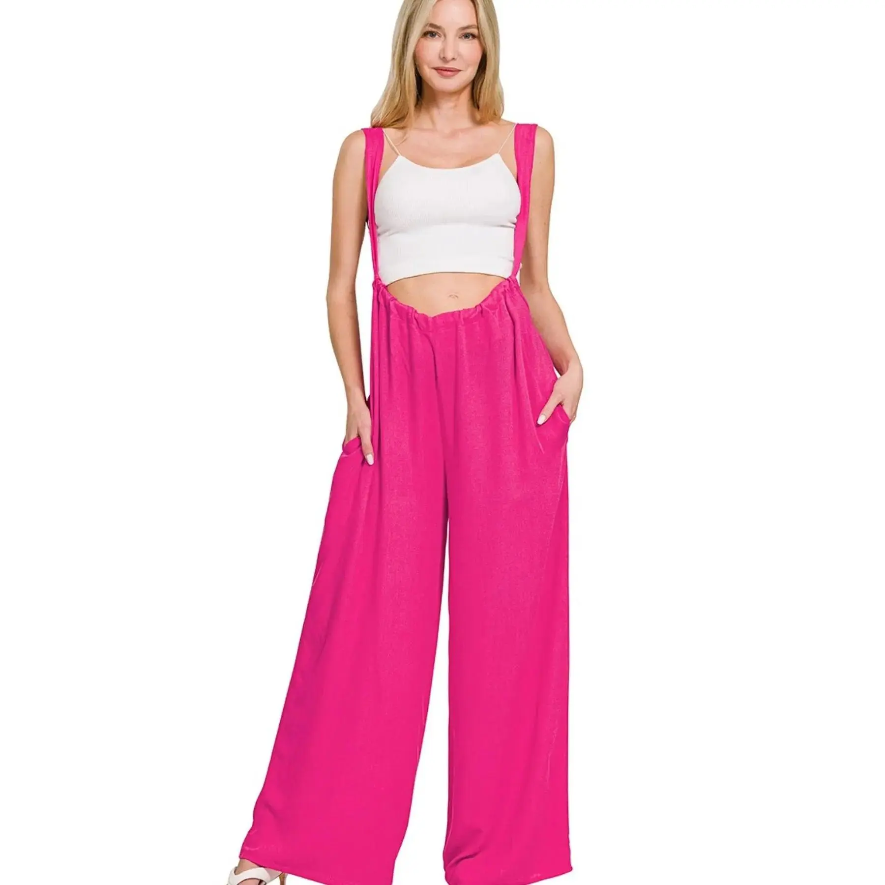 Zenana Woven Tie Back Suspender Jumpsuit