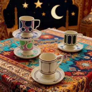 Vintage Middle Eastern Style Ceramic Tall Cup and Saucer Set, 260ML Reusable Coffee Mug with Saucer, Perfect for Latte Art Lovers