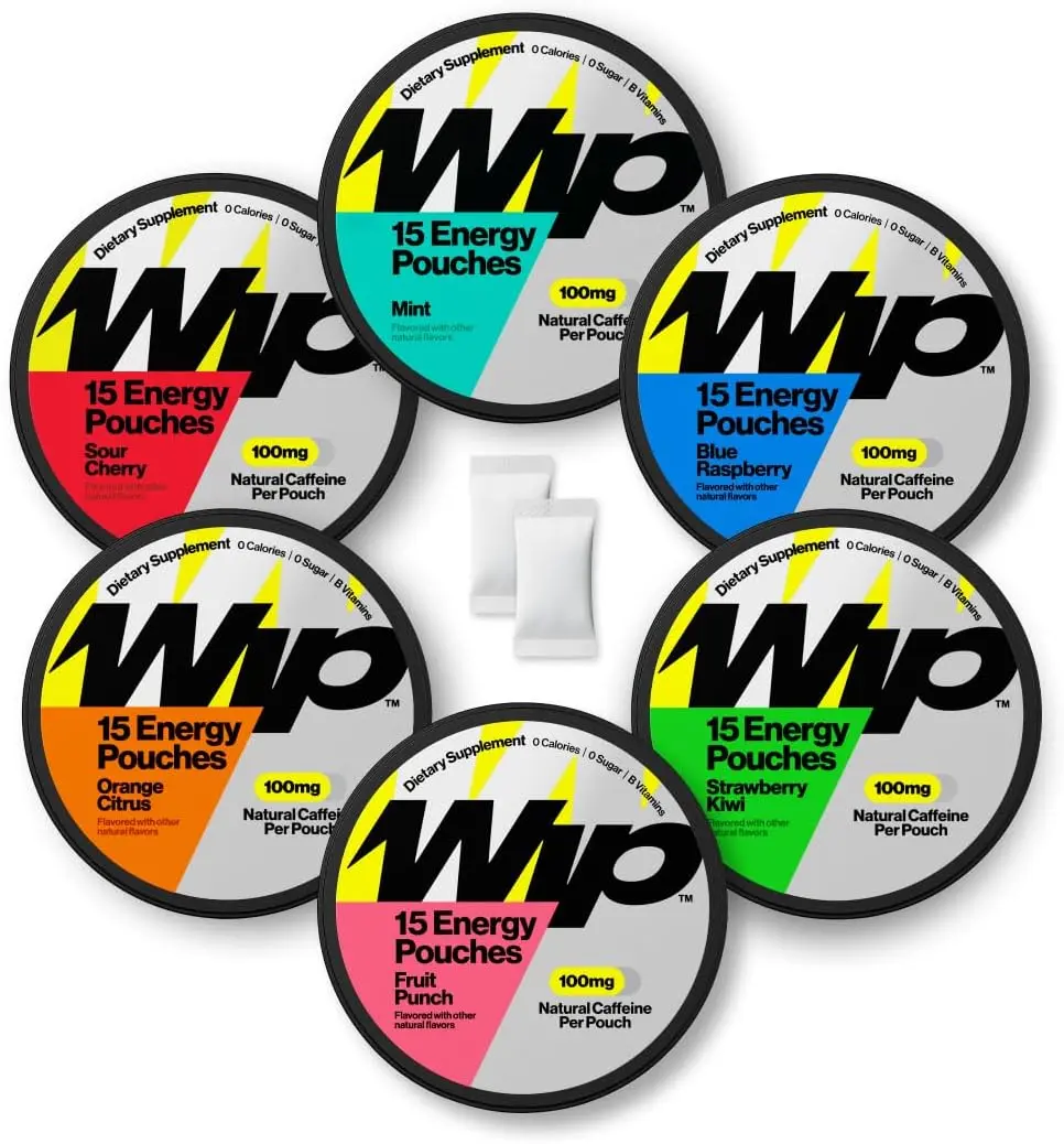 Wip Energy Pouches, Sugar Free Blend of 100 MG Natural Caffeine, B Vitamins & L Theanine, Pre Workout for Active Lifestyles, Variery Pack, 4 Cans, 15 Pouches Each