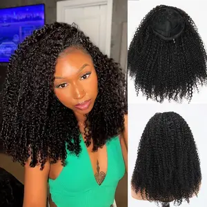 Kinky Curly Half Wig Human Hair 200% Density 3 In 1 Half Wig Glueless Wigs Human Hair Wear and Go Drawstring Seamless Flip Headband Wig for Women Beginner Friendly Natural Black 18inch