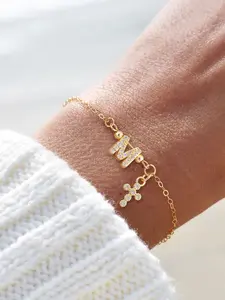 Women's Stainless Steel Letter Pendant Bracelet, Classic Zircon Cross Initial Charm, Casual All-Season Jewelry Accessory