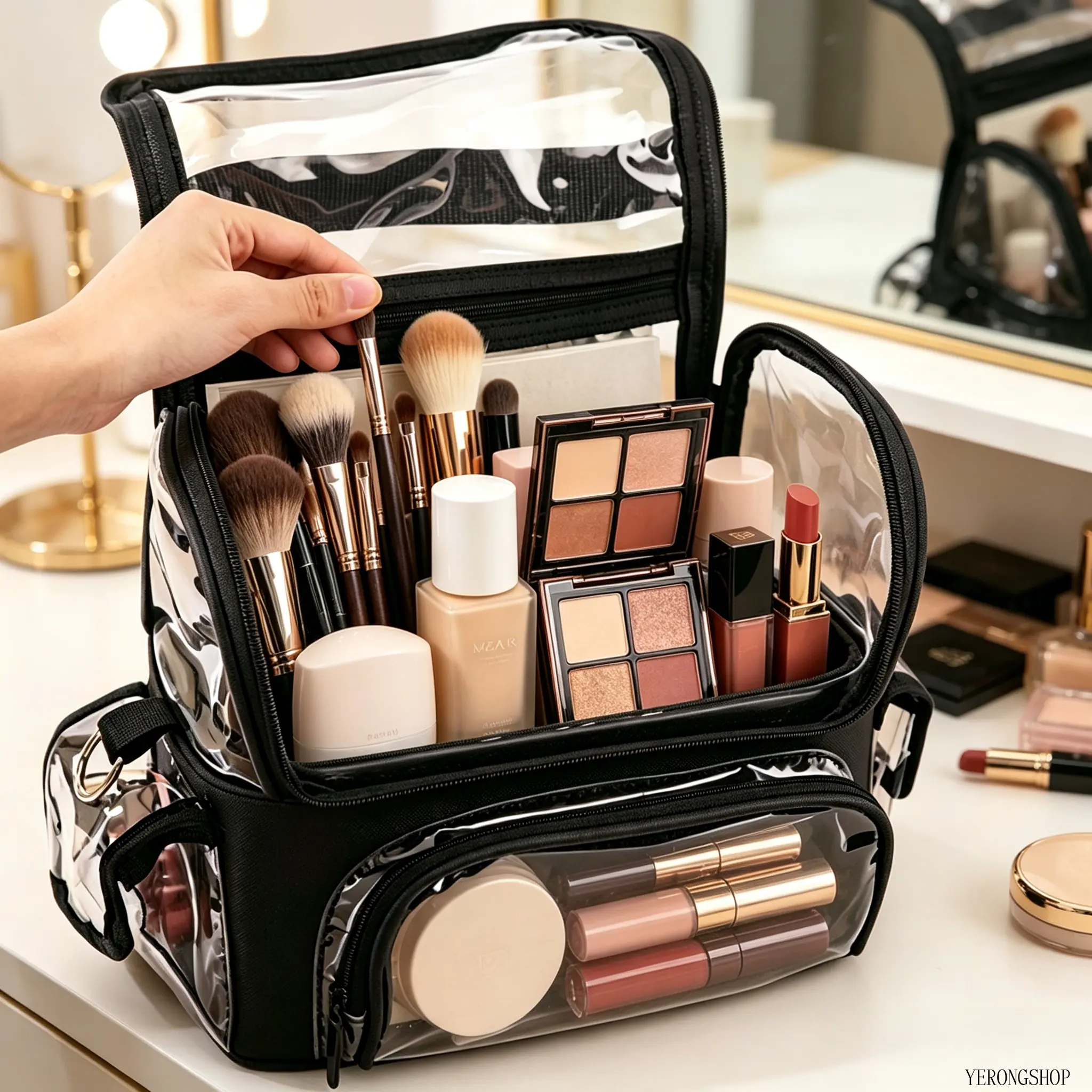 Makeup Brush Bag, Travel Cosmetic Organizer, Waterproof Portable Toiletry Pouch, Large Capacity Multi-use Makeup Storage Case for Women Daily Makeup, Vacation, Business Trip & Bathroom Organization