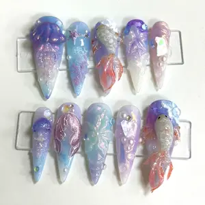 Luxury Dreamy Ocean Fantasy Press-On Nails, 3D Jellyfish & Fish Nail Art, Summer Beach Handmade Nails, Birthday Gifts, Nailart, Gifts For Her, Luxury Nailbox