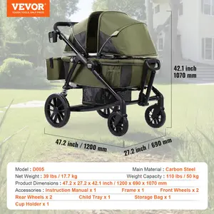VEVOR All-Terrain Stroller Wagon, 2 Seats Foldable Expedition 2-in-1 Collapsible Wagon Stroller, Includes Canopy, Parent Organizer, Snack Tray Cup Holders, 55lbs for Single Seat, Olive Green