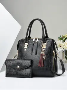 Crocodile Pattern Women's Bag Set, Luxury Vintage Style, Large Capacity, Includes Small Wallet, Perfect for Commuting & Shopping