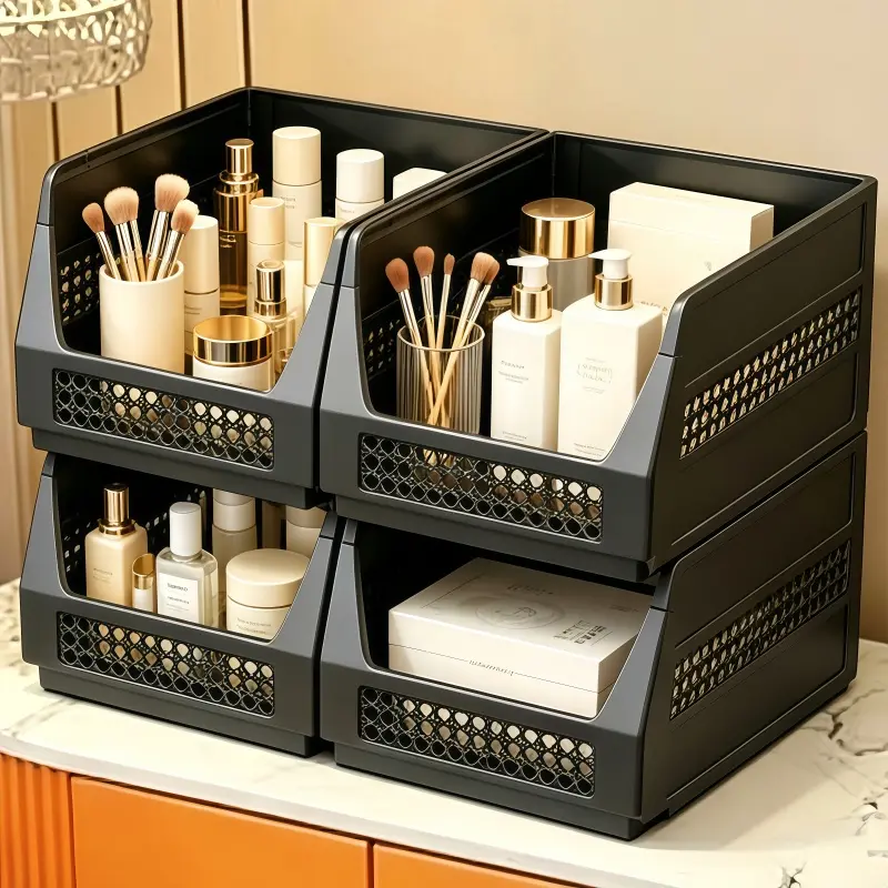 Elegant Black Storage Organizer for Makeup & Beauty Products with Mesh Design and Multiple Compartments for Efficient Organization