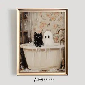 Halloween Bubble Bath Wall Art, Ghost & Cat Bathroom Print, Cute Spooky Decor, Unframed