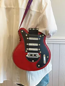 Fashion Guitar Shaped Crossbody Bag, Punk Style Studded Decor Shoulder Bag for Women & Men, Casual Trendy Versatile High-quality Daily Commuting Bag