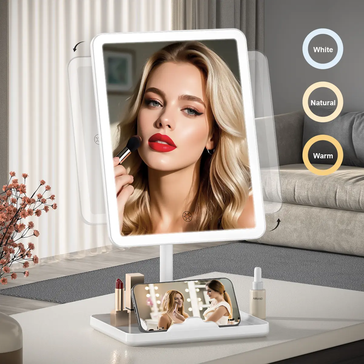 Rectangular Lighted Makeup Mirror, Portable LED Vanity Mirror with 3 Color Modes, Touch Control Dimmable Glow, Detachable & Rechargeable Square Glam Mirror for Travel & Desk Decor, Ideal Valentine's Day & Mother's Day Gift for Women