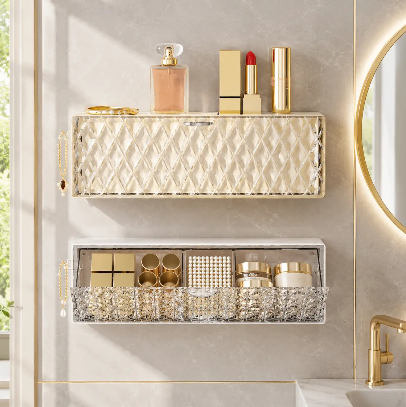 No Drill Wall Mounted Makeup Organizer, Crystal Clear Diamond Pattern Bathroom Storage Box with Flip-Open Cover, Large Capacity Vanity Shelf for Skincare, Cosmetics, Perfume & Jewelry