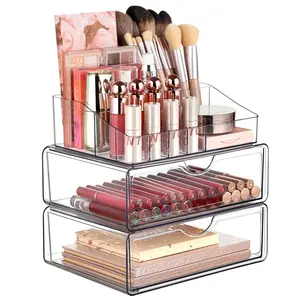 Professional 3-Tier Clear Cosmetic Organizer with 2 Large Drawers & Top Compartment for Makeup Brushes Lipsticks Skincare Products Ultimate Storage Solution