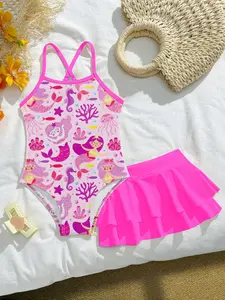Girls Mermaid Print Swimsuit Strap One-Piece Swimwear Two-Layer Ruffle Skirt Beach Vacation Set, Cute A-Line Short Dress, Mermaid Pattern, Swimwear Sets