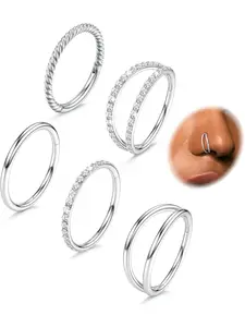Smooth 5 Pcs Silvery Exquisite Piercing Jewelry Simple Surgical Steel Nose Rings Hoops for Women Men Shining CZ Clicker Hinged Septum Ring Lip Helix Cartilage Double Hoop Earring Daith Rook Conch Body Piercing Jewelry Set