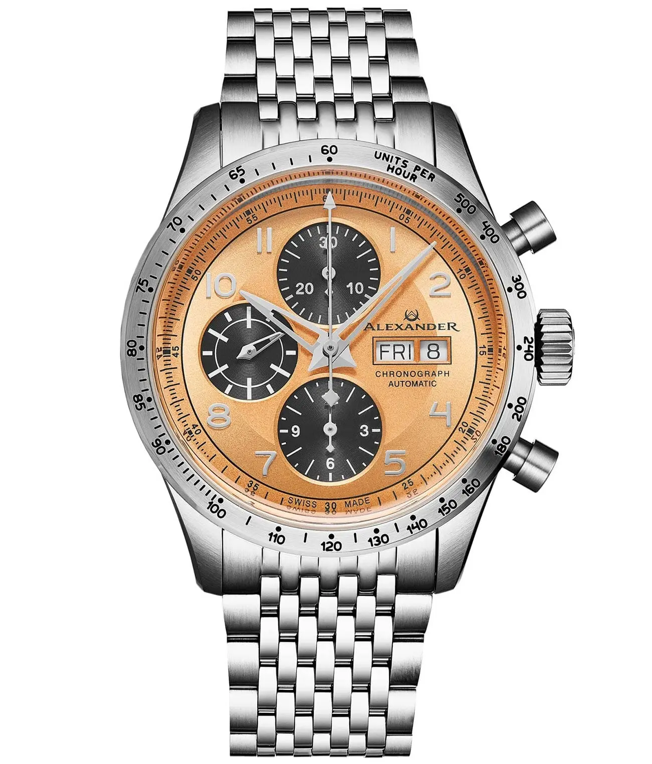 Men's Limited Edition Swiss Made Automatic Chronograph, 43mm Brushed Steel Case with Double Layer Brass Dial, Tachymeter Bezel, 100m Water Resistant, Applied Indices, Sellita Sw-500 Automatic