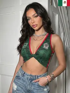 Women's Mexico 2026 Soccer Halter Top, Football Graphic Crop Top, Knitted Sleeveless Cami, Summer Beach Vacation Outfit