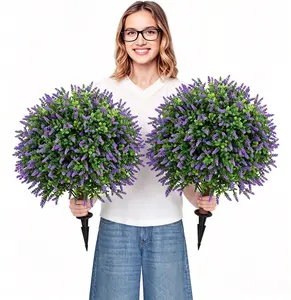 61cm Artificial Lavender Topiary Ball Trees with Ground Stake, Faux Potted Plants Purple Lavender Set of 2, Outdoor Fake Flower Bushes, UV Resistant for Home Lawn and Front Porch Garden Decor