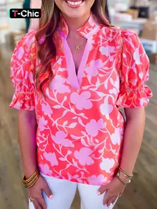 Summer Fashion Bohemian Inspired Ditsy Floral Print V-Neck Pleated Loose Short Sleeve Shirt Blouse, Stylish Open-Split Design, Women's Casual Top, Womenswear, Perfect for Daily Wear