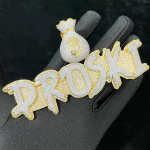 Custom Name Necklace Solid Base Iced Out Personalized Pendants Money Bag Bail  Real Gold Plated Hip Hop